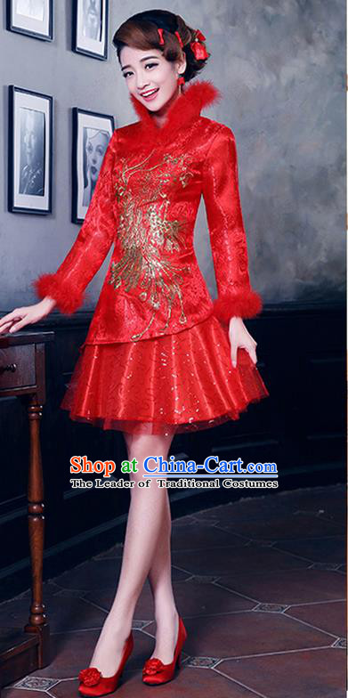 Ancient Chinese Costumes, Manchu Clothing, Hotel Etiquette Improved Cheongsam, Traditional Red Cheongsam Wedding Toast Dress for Bride