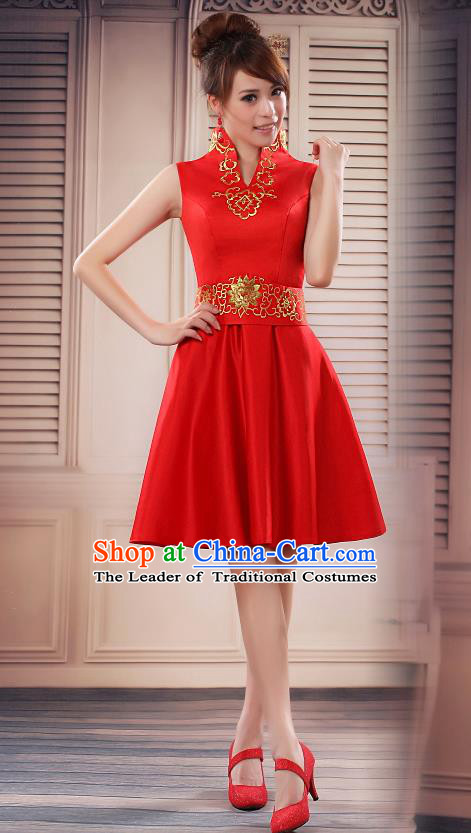 Ancient Chinese Costumes, Manchu Clothing, Hotel Etiquette Improved Short Cheongsam, Traditional Red Cheongsam Wedding Toast Dress for Bride