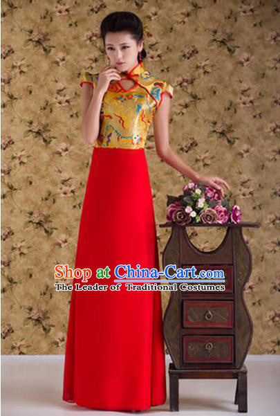 Ancient Chinese Costumes, Manchu Clothing, Hotel Etiquette Improved Dragon Cheongsam, Traditional Red Cheongsam Wedding Toast Dress for Bride