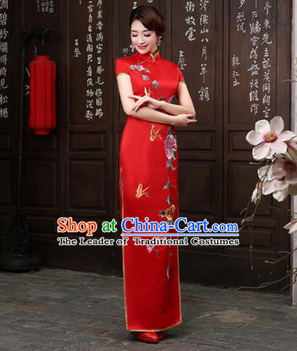 Ancient Chinese Costumes, Manchu Clothing Qipao, Retro Silk Long Embroidered Cheongsam, Traditional Red Fish Tail Cheongsam Wedding Toast Dress for Bride