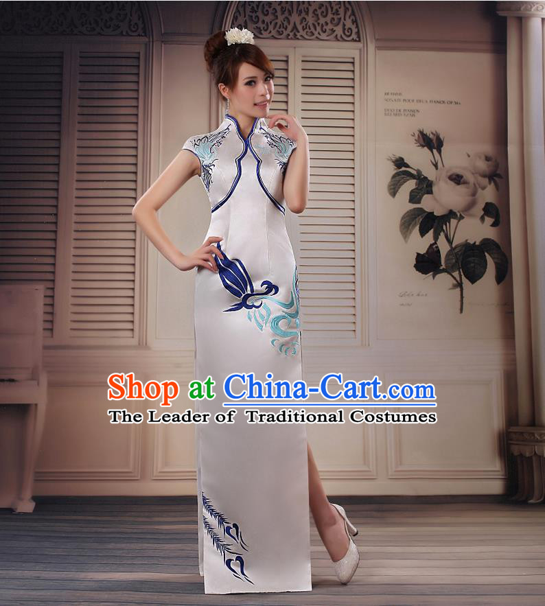 Ancient Chinese Costumes, Manchu Clothing Qipao, Improved Silk Mandarin Collar Cheongsam, Traditional Fish Tail Cheongsam Wedding Toast Dress for Bride