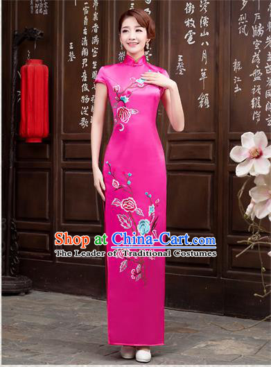 Ancient Chinese Costumes, Manchu Clothing Qipao, Improved Long Silk Mandarin Collar Embroidered Cheongsam, Traditional Cheongsam Wedding Toast Dress for Bride