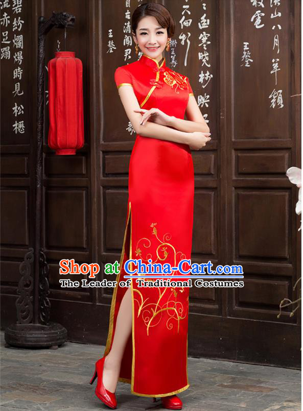 Ancient Chinese Costumes, Manchu Clothing Qipao, Retro Long Silk Mandarin Collar Embroidered Cheongsam, Traditional Cheongsam Wedding Toast Dress for Bride