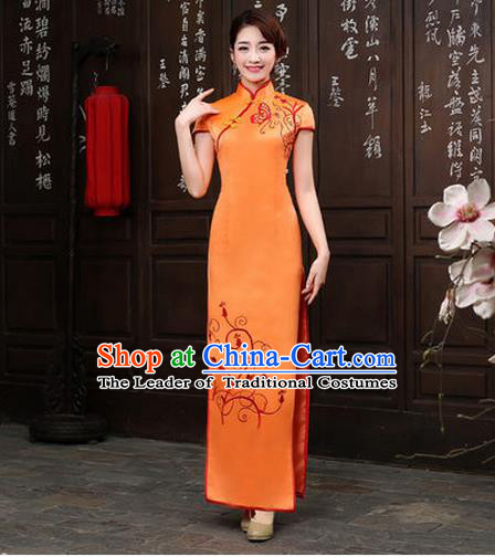 Ancient Chinese Costumes, Manchu Clothing Qipao, Retro Long Silk Mandarin Collar Embroidered Cheongsam, Traditional Cheongsam Wedding Toast Dress for Bride