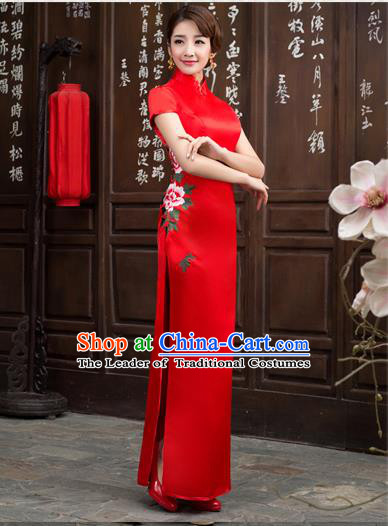 Ancient Chinese Costumes, Manchu Clothing Qipao, Retro Long Silk Mandarin Collar Embroidered Cheongsam, Traditional Red Cheongsam Wedding Toast Dress for Bride