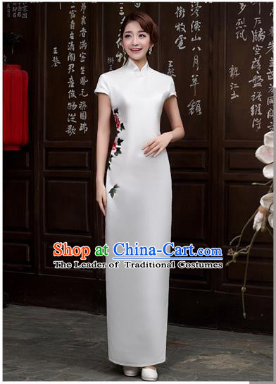 Ancient Chinese Costumes, Manchu Clothing Qipao, Retro Long Silk Mandarin Collar Embroidered Cheongsam, Traditional Cheongsam Wedding Toast Dress for Bride