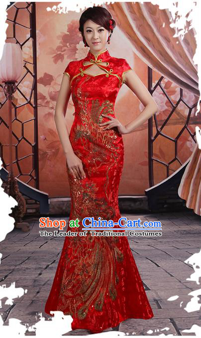 Ancient Chinese Costumes, Manchu Clothing Qipao, Hotel Etiquette Improved Cheongsam, Traditional Red Fish Tail Cheongsam Wedding Toast Dress for Bride