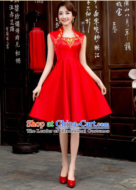 Ancient Chinese Costumes, Manchu Clothing Qipao, Improved Short Silk Cheongsam, Traditional Red Cheongsam Wedding Toast Dress for Bride