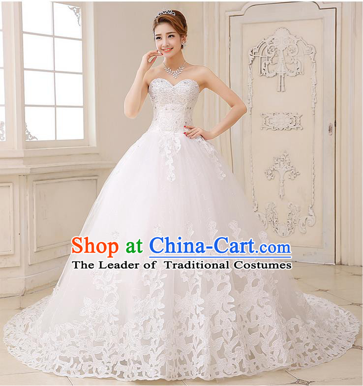 Traditional Chinese Bride Strapless Wedding Dress, Chapel Train Wedding Gown Wedding Dress for Women