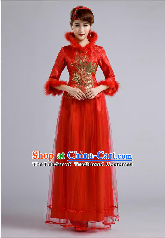 Ancient Chinese Costumes, Manchu Clothing Qipao, Retro Mandarin Collar Embroidered Long Silk Cheongsam, Traditional Red Cheongsam Wedding Toast Dress for Bride