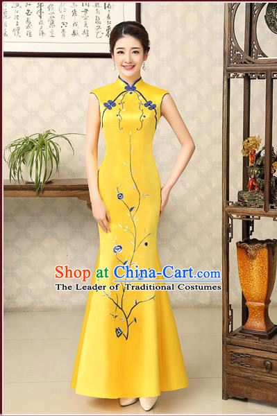 Ancient Chinese Costumes, Manchu Clothing Qipao, Retro Mandarin Collar Embroidered Silk Long Cheongsam, Traditional Fish Tail Cheongsam Wedding Toast Dress for Bride