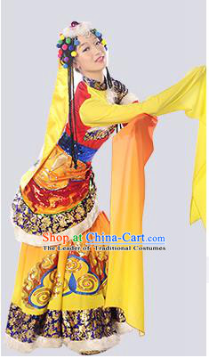 Traditional Chinese Zang Nationality Dancing Costume, Folk Dance Ethnic Costume, Chinese Minority Nationality Tibetan Dance Costume for Women