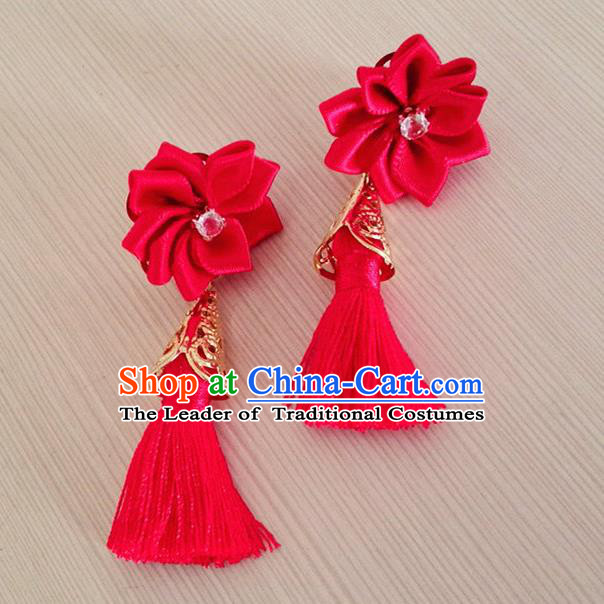 Chinese Wedding Jewelry Accessories, Traditional Xiuhe Suits Wedding Bride Earrings, Ancient Chinese Red Tassel Flowers Earrings