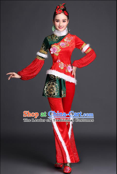 Traditional Chinese Yangge Fan Dancing Costume, Folk Dance Yangko Costume for Women