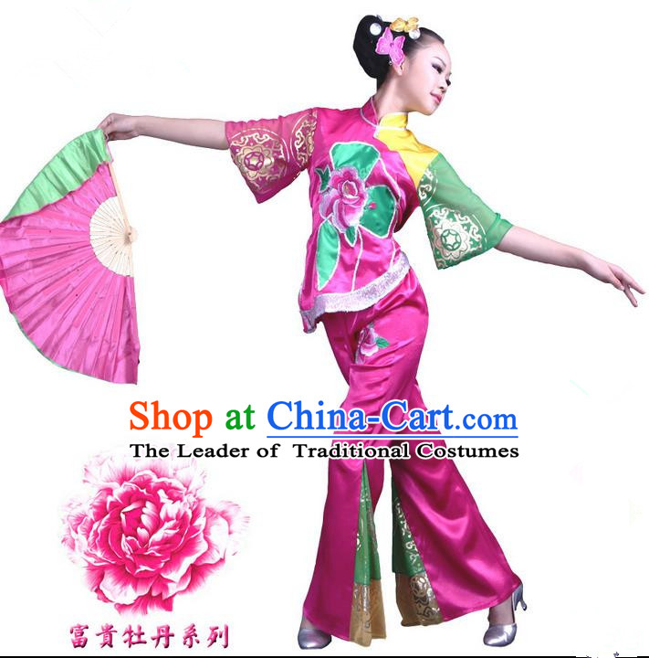 Traditional Chinese Yangge Fan Dancing Costume, Folk Dance Yangko Costume for Women