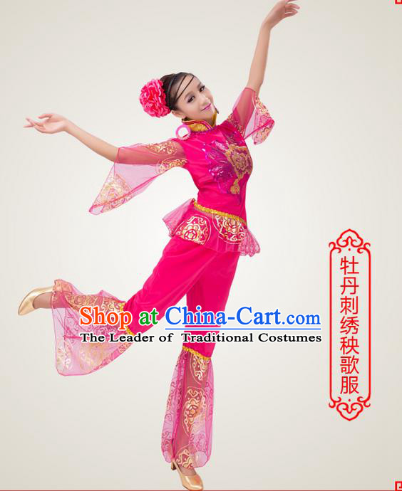 Traditional Chinese Yangge Fan Dancing Costume, Folk Dance Yangko Costume for Women