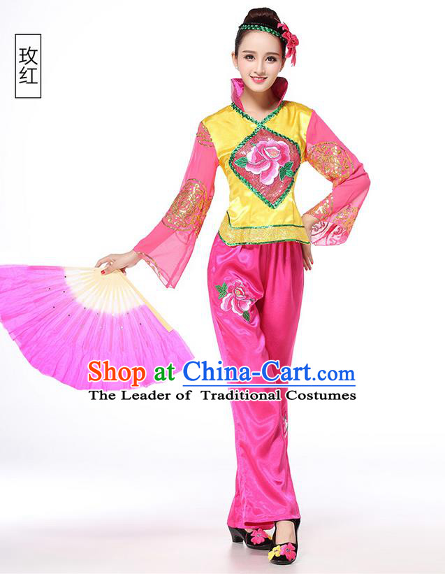 Traditional Chinese Yangge Fan Dancing Costume, Folk Dance Yangko Costume for Women