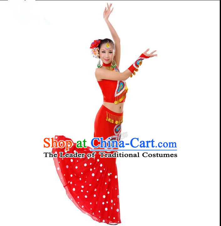 Traditional Chinese Dai nationality Peacock Dancing Costume, Folk Dance Ethnic Costume, Chinese Minority Nationality Dancing Costume for Women