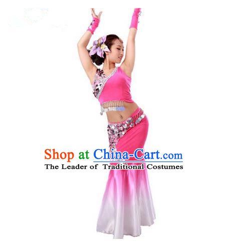 Traditional Chinese Dai nationality Peacock Dancing Costume, Folk Dance Ethnic Fish Tail Costume, Chinese Minority Nationality Dancing Costume for Women