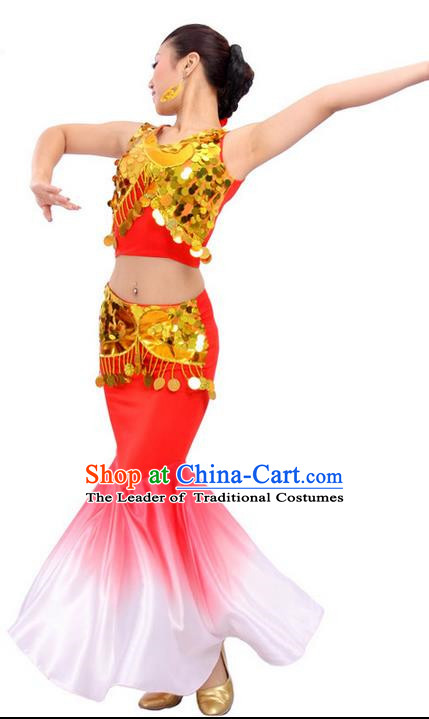 Traditional Chinese Dai nationality Peacock Dancing Costume, Folk Dance Ethnic Fish Tail Costume, Chinese Minority Nationality Dancing Costume for Women