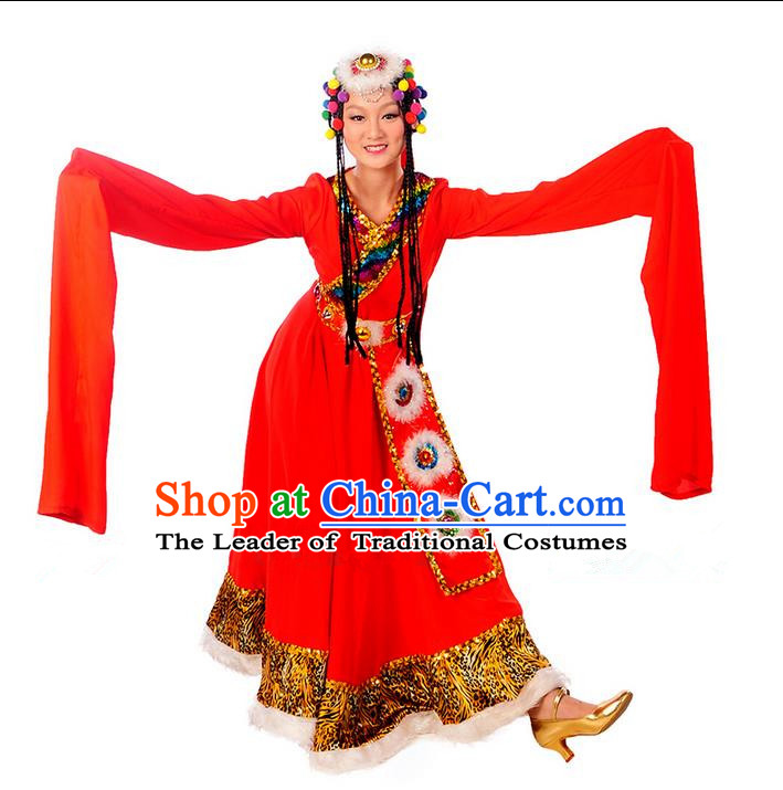 Traditional Chinese Zang Nationality Dancing Costume, Folk Dance Ethnic Water Sleeves Costume, Chinese Minority Nationality Tibetan Dance Costume for Women
