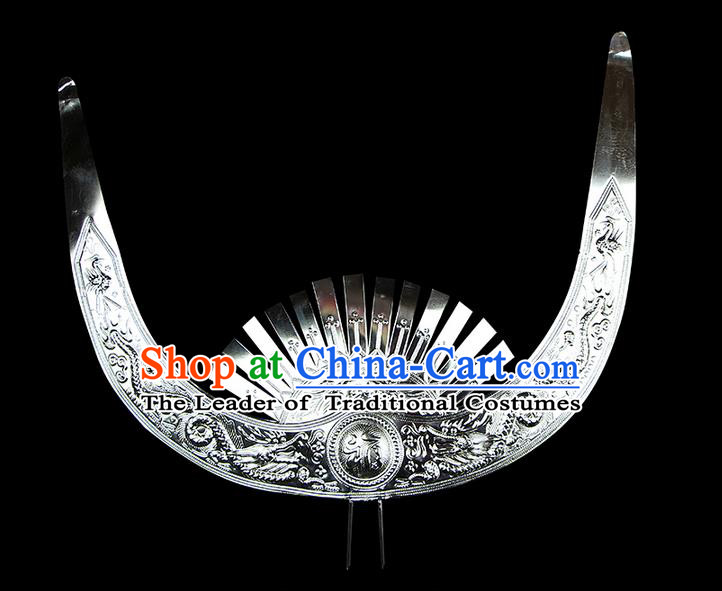 Chinese Traditional Miao Minority Hmong Folk Ethnic Ox Horn Crown, Silver Headwear, Miao Jewelry Accessories for Women