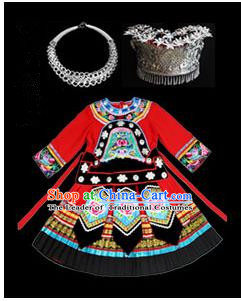 Traditional Chinese Miao Nationality Dancing Costume Accessories Set, Children Folk Dance Ethnic Cloth and Headwear, Chinese Tujia Minority Nationality Dancing Costume and Hat for Kids