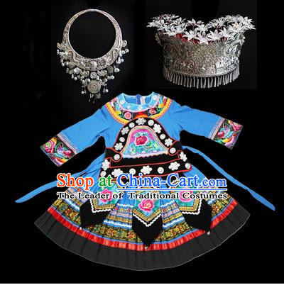 Traditional Chinese Miao Nationality Dancing Costume Accessories Set, Children Folk Dance Ethnic Cloth and Headwear, Chinese Tujia Minority Nationality Costume and Hat for Kids