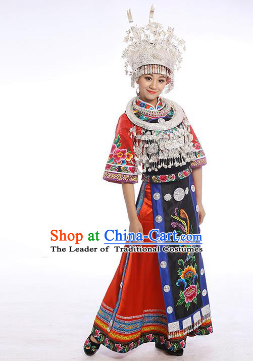 Traditional Chinese Miao Nationality Dancing Costume Accessories Necklace, Female Folk Dance Ethnic Cloth and Headwear, Chinese Minority Nationality Embroidery Costume and Hat for Women