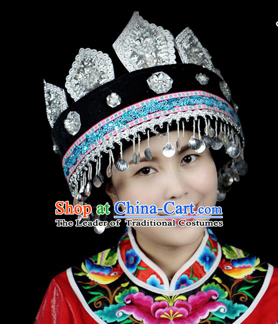 Chinese Traditional Miao Minority Hmong Folk Ethnic Hat, Tujia Ethnic Embroidery Bells Hat for Women