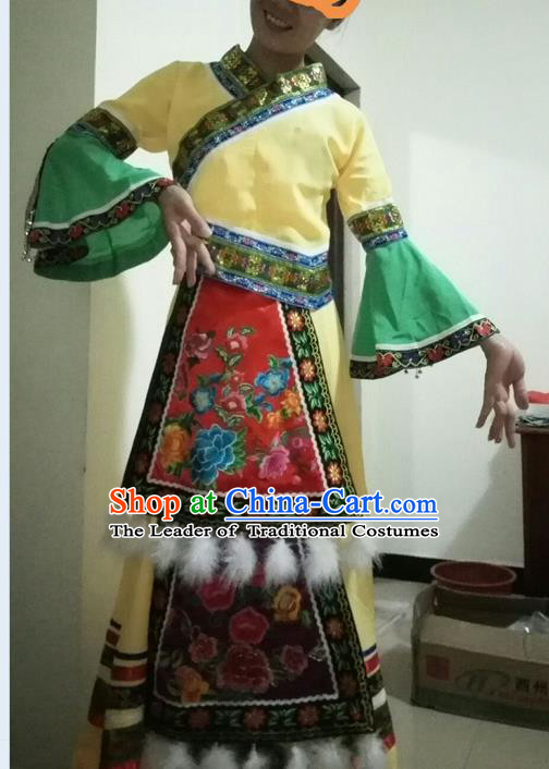 Traditional Chinese Miao Nationality Dancing Costume, Hmong Female Folk Dance Ethnic Pleated Skirt, Chinese Minority Nationality Embroidery Costume for Women