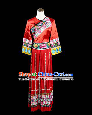 Traditional Chinese Miao Nationality Dancing Costume, Hmong Female Folk Dance Ethnic Pleated Skirt, Chinese Minority Tujia Nationality Embroidery Costume for Women