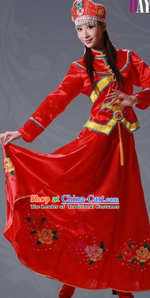 Traditional Chinese Xibe Nationality Dancing Costume, Xibezu Female Folk Dance Ethnic Pleated Skirt, Chinese Sibo Minority Nationality Embroidery Costume for Women