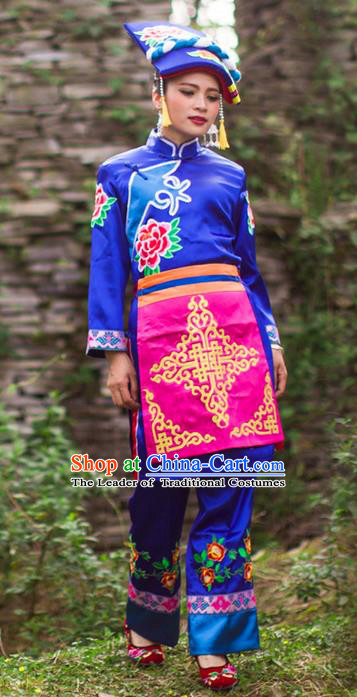 Traditional Chinese Qiang Nationality Dancing Costume, Qiangzu Female Folk Dance Ethnic Dress, Chinese Qiang Minority Nationality Embroidery Costume for Women