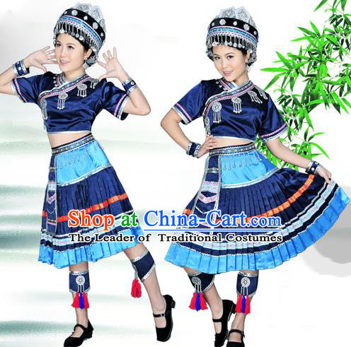 Traditional Chinese Miao Nationality Dancing Costume, Hmong Female Folk Dance Ethnic Pleated Skirt, Chinese Tujia Minority Nationality Embroidery Costume for Women