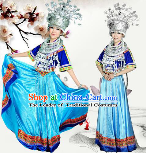 Traditional Chinese Miao Nationality Dancing Costume Accessories Necklace, Hmong Female Folk Dance Ethnic Pleated Skirt and Sliver Headwear, Chinese Minority Nationality Embroidery Costume and Hat for Women