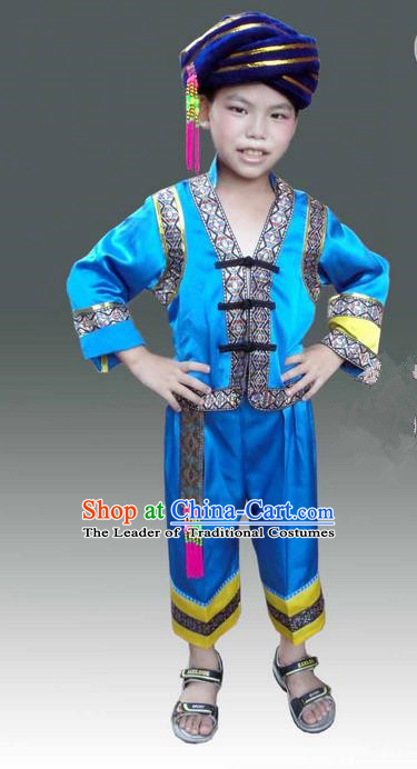 Traditional Chinese Miao Nationality Dancing Costume, Hmong Children Folk Dance Ethnic Dress, Chinese Minority Tujia Nationality Embroidery Costume for Boys Kids