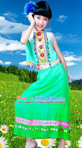 Traditional Chinese Dai Nationality Girls Peacock Dancing Costume, Children Folk Dance Ethnic Costume, Chinese Minority Nationality Dancing Costume for Kids