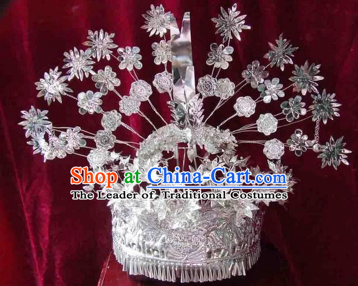 Traditional Chinese Miao Nationality Phoenix Silver Headwear, Hmong Female Folk Wedding Hat, Ethnic Accessories Crown, Chinese Minority Nationality Jewelry Accessories Hairpins for Women