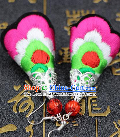 Traditional Chinese Miao Nationality Earrings, Hmong Female Folk Wedding Embroidery Earrings, Chinese Minority Nationality Jewelry Accessories for Women