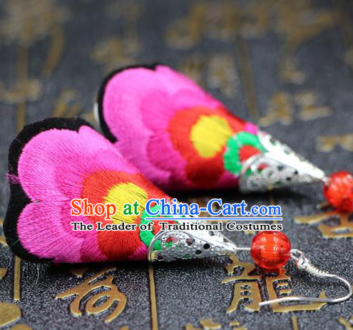 Traditional Chinese Miao Nationality Earrings, Hmong Female Folk Wedding Embroidery Earrings, Chinese Minority Nationality Jewelry Accessories for Women