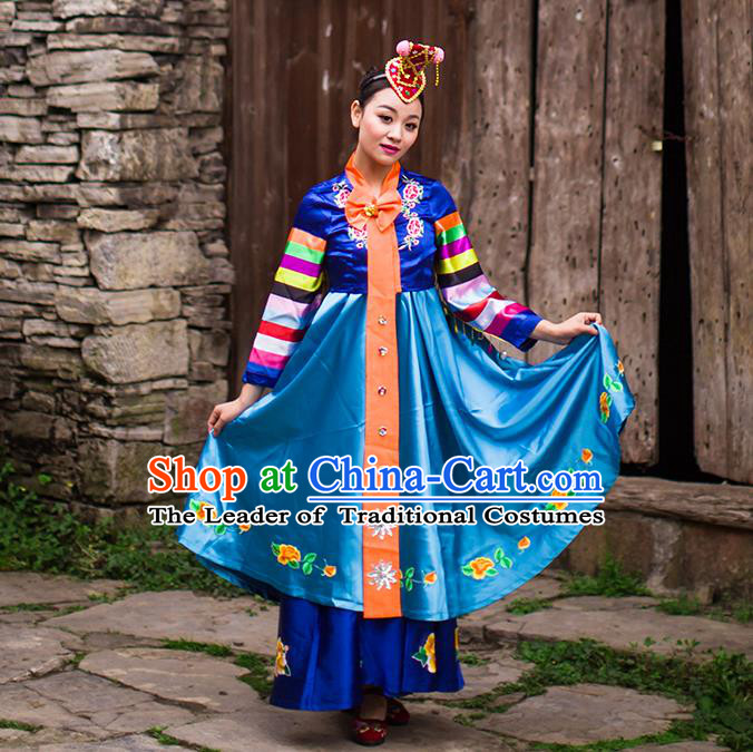 Traditional Chinese Korean Nationality Dancing Costume, Koreans Female Folk Dance Ethnic Dress, Chinese Minority Korean Nationality Embroidery Costume for Women