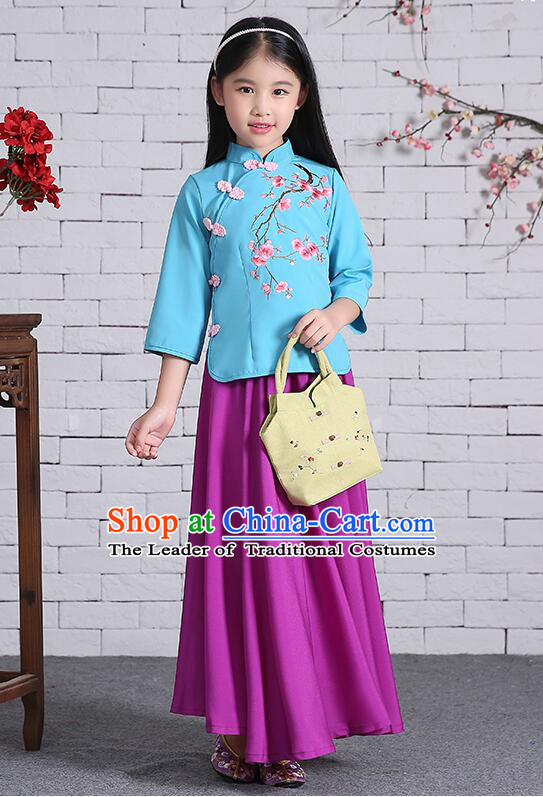 Chinese Traditional Dress for Girls Long Sleeves Kid Children Min Guo Clothes Ancient Chinese Costume Stage Show Blue Top Purple Skirt