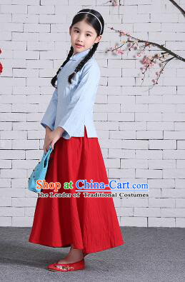 Chinese Traditional Dress for Girls Wu Si Period Student Dress Kid Children Min Guo Clothes Ancient Chinese Costume Stage Show Blue Top Red Skirt