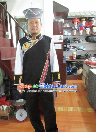 Traditional Chinese Miao Nationality Dancing Costume, Hmong Male Folk Dance Ethnic Dress, Chinese Minority Tujia Nationality Embroidery Costume for Men