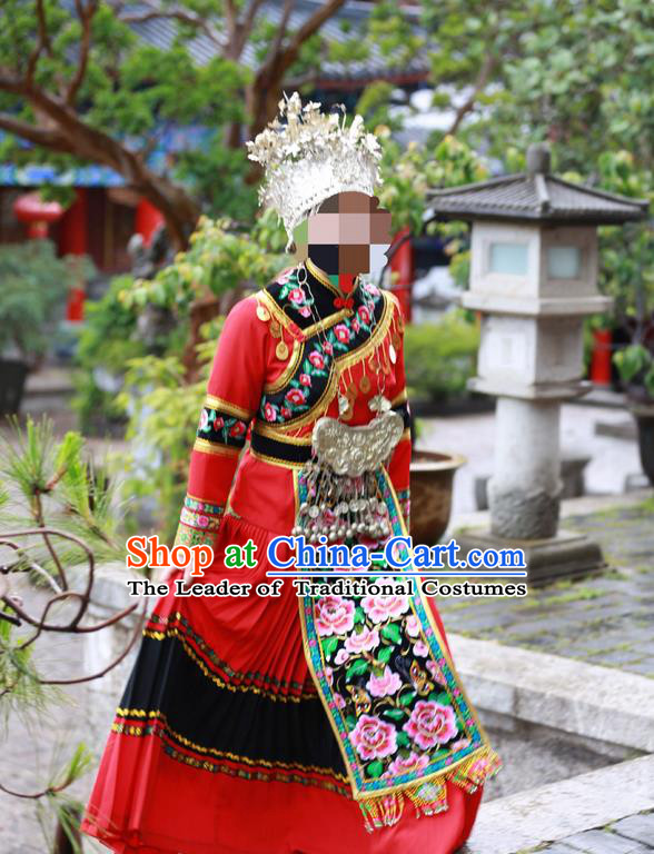 Traditional Chinese Miao Nationality Dancing Costume, Hmong Female Folk Dance Ethnic Pleated Skirt, Chinese Minority Nationality Embroidery Costume for Women