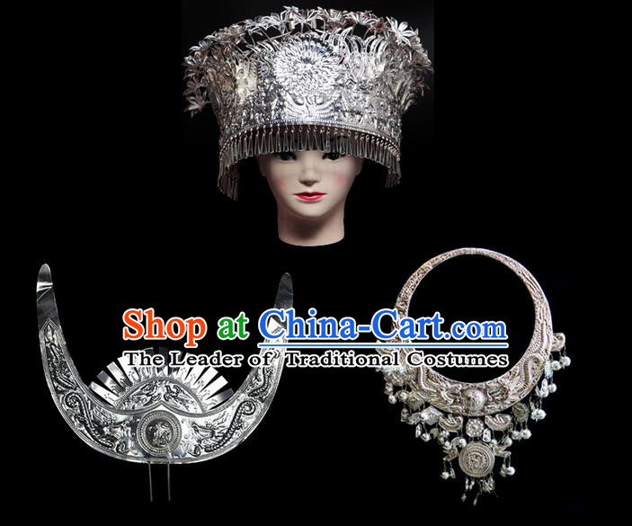 Traditional Chinese Miao Nationality Sliver Jewelry Accessories Necklace, Tujiazu Ethnic Accessories Headwear, Chinese Minority Tujia Nationality Hat Crown Set for Women