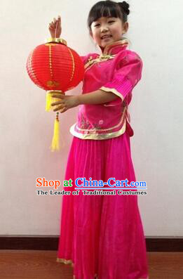 Min Guo Girl Dress Traditional Chinese Clothes Ancient Costume Tang Suit Children Kid Show Stage Wearing Dancing Rose Red