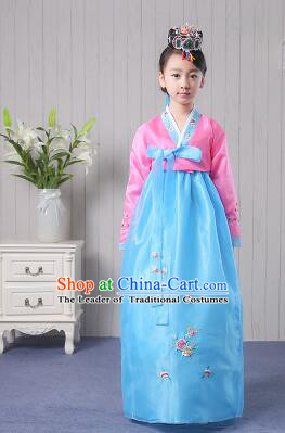 Korean Traditional Costumes Girl Dress Stage Show Dancing Clothes Pink Top Blue Skirt