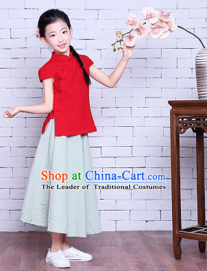 Girl Dress Min Guo Fan Fu Style Chinese Traditional Stage Costume Show Clothes Short Sleeves Red Top Green Skirt